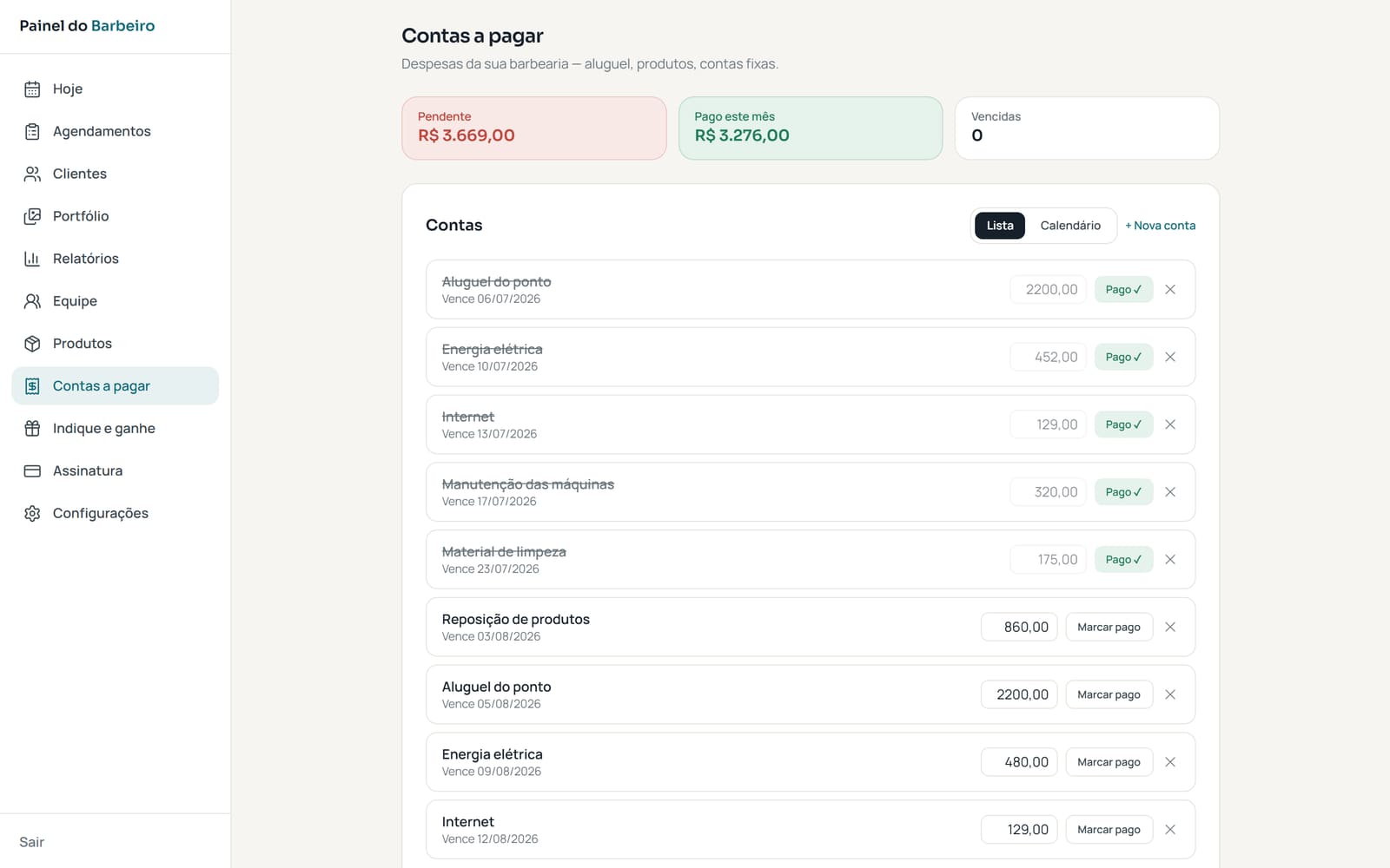 Tela de contas a pagar com os totais pendente e pago no mês, e a lista de despesas com data de vencimento.